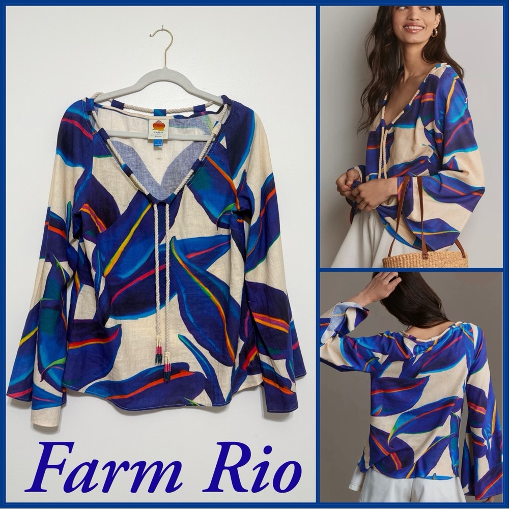 NWOT Anthropologie x Farm Rio Long-Sleeve Rope-Tie Linen Blouse in Small